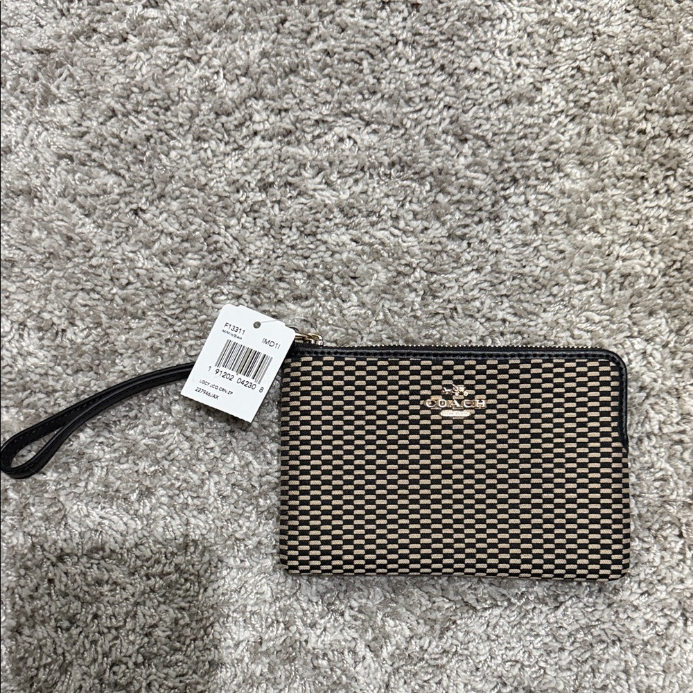 Coach Black and Tan Checkered Wristlet
